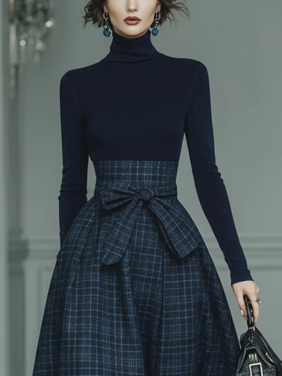 Kennedy Turtleneck Stretch Top & Plaid Skirt Set