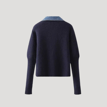 Navy Women's knit cardigan with denim trim