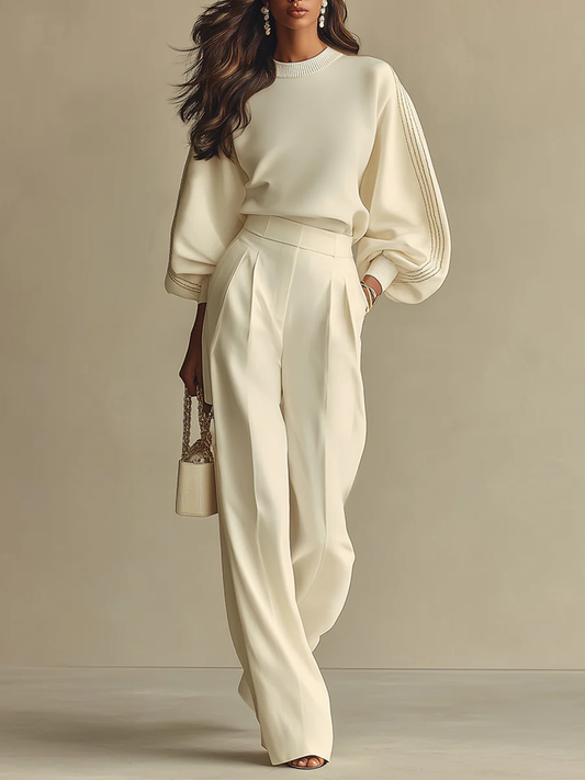 Serenity Ribbed Crew Neck Top and High-waisted Wide-leg Pants Suit