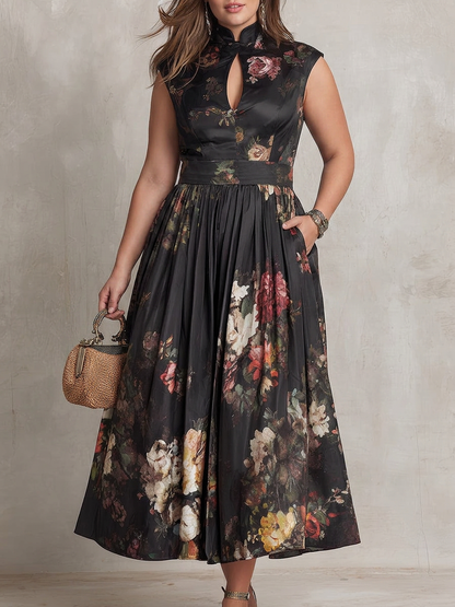 Patricia | Black Floral Satin Pleated Midi Dress