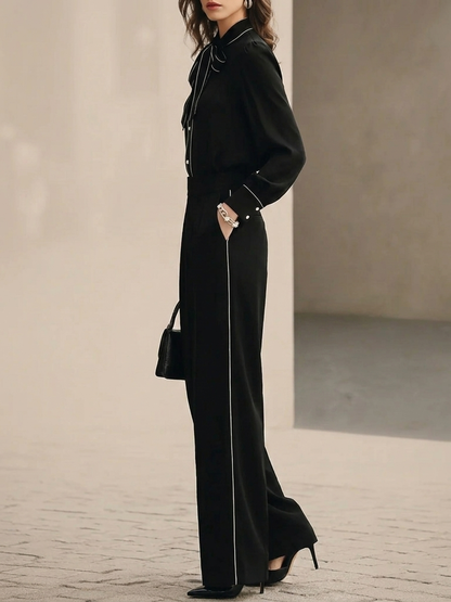 Camila Bow-tie Blouse and Wide-leg Trousers Set