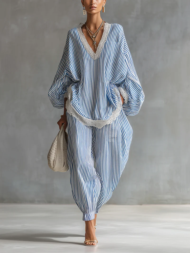 Khloe Blue Striped Two-piece Set