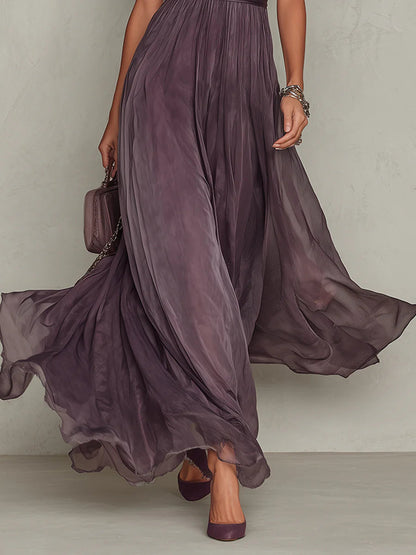 Flavia | Elegant long purple dress with a drop neckline and lace