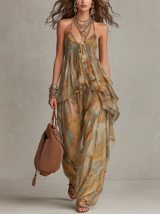 Karina Chiffon Ruffled Camisole and Wide-leg Pants Set