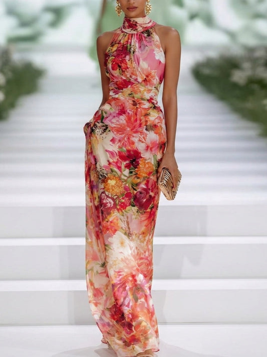 Red Chiffon Floral Halter-neck Sleeveless Maxi Dress