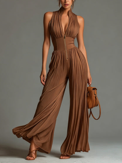 ESSENTIAL - Zsófia Jumpsuit | Brown Pleated Chiffon