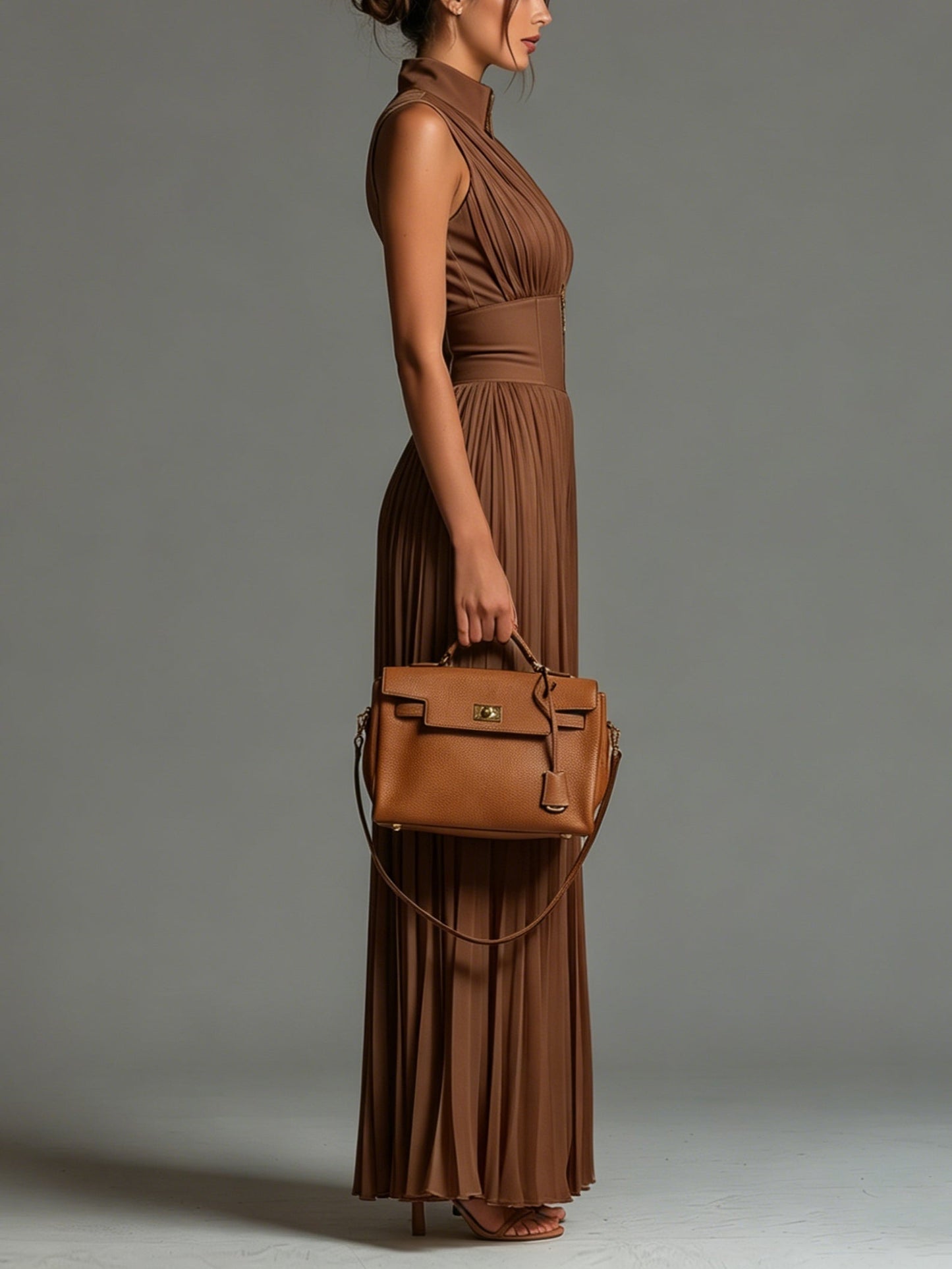 ESSENTIAL - Zsófia Jumpsuit | Brown Pleated Chiffon