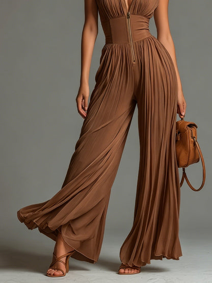 ESSENTIAL - Zsófia Jumpsuit | Brown Pleated Chiffon