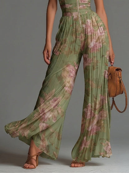 Floral Green Chiffon Jumpsuit with V-Neck, Sleeveless, with Zipper and Pleats, Wide Leg