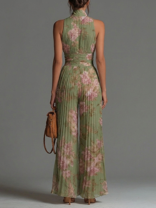 Floral Green Chiffon Jumpsuit with V-Neck, Sleeveless, with Zipper and Pleats, Wide Leg