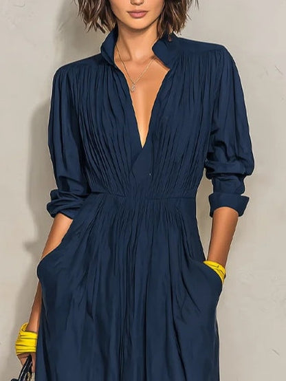 Nora | Navy Pleated V-Neck Maxi Dress