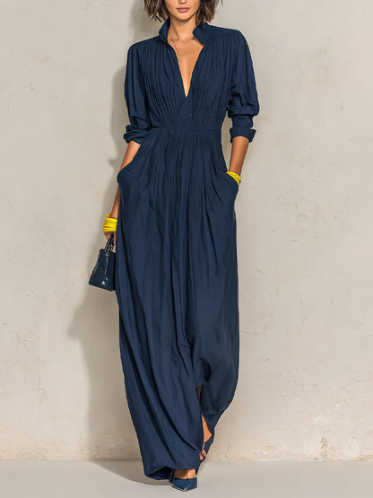 Nora | Navy Pleated V-Neck Maxi Dress