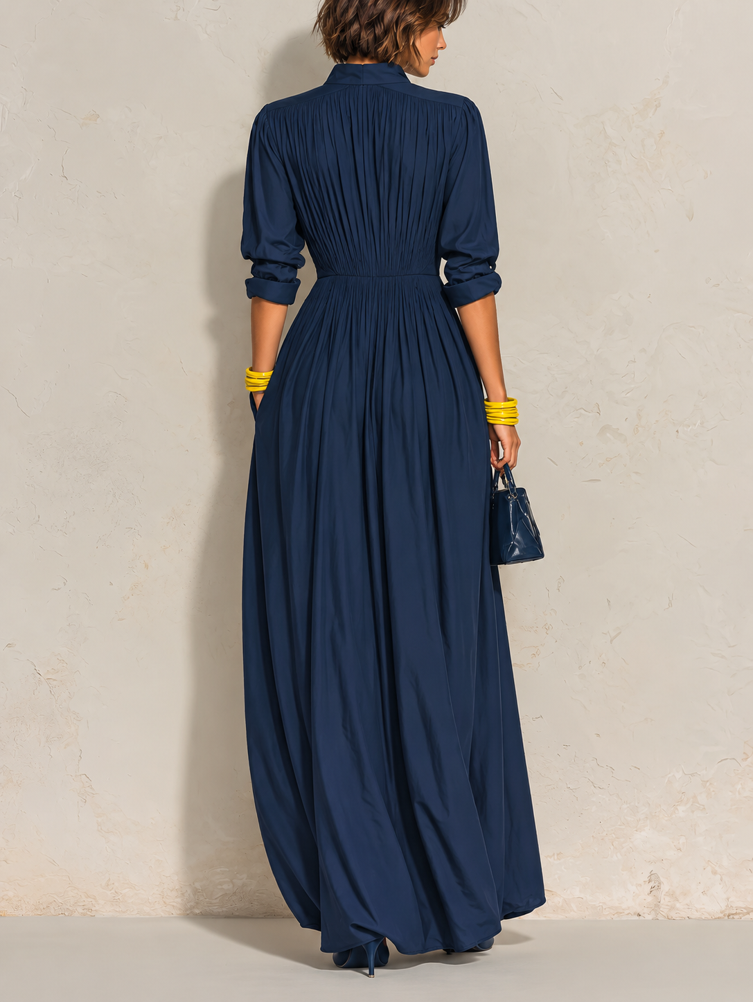 Nora | Navy Pleated V-Neck Maxi Dress