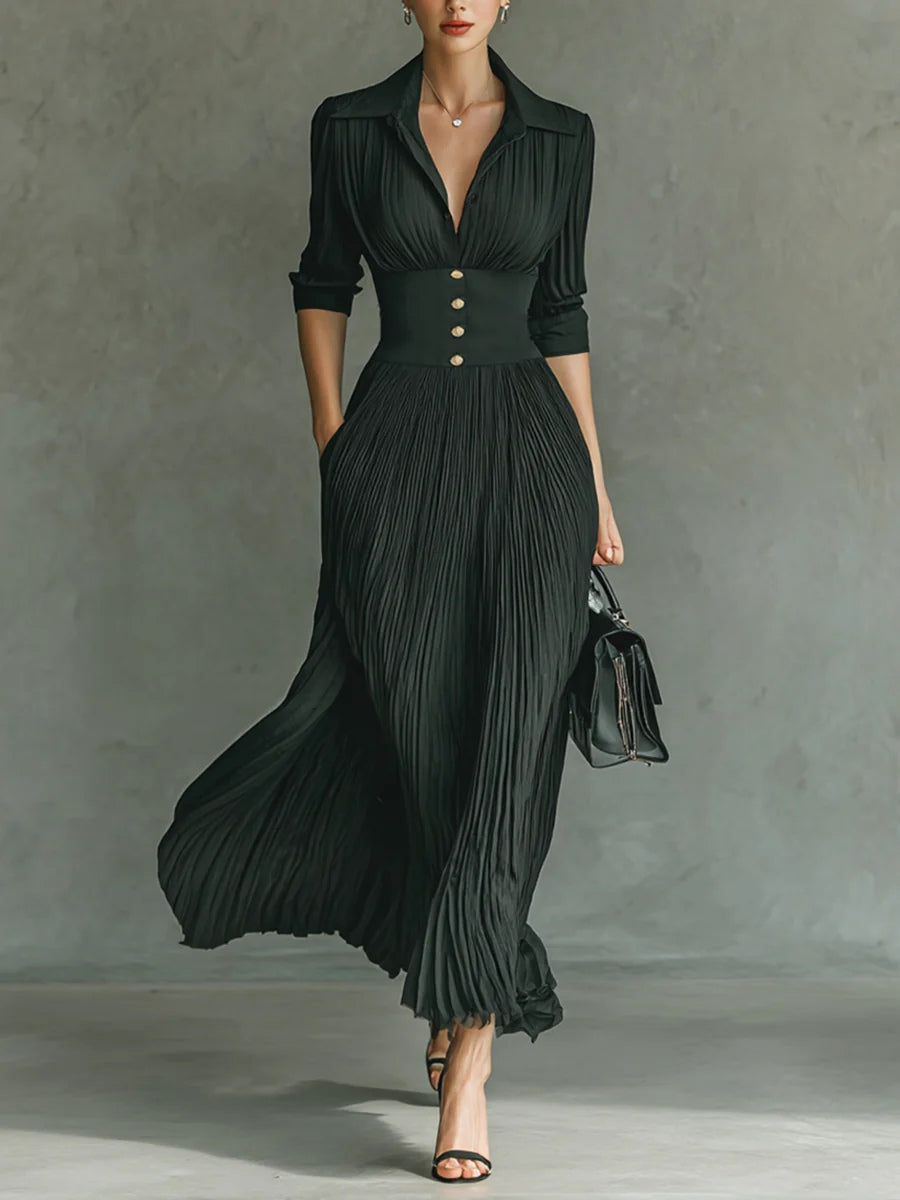 Evelyn | Pleated High-Waist Maxi Dress with Lapels