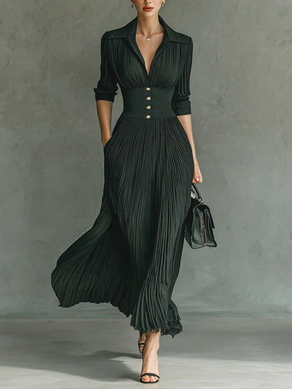 Evelyn | Pleated High-Waist Maxi Dress with Lapels