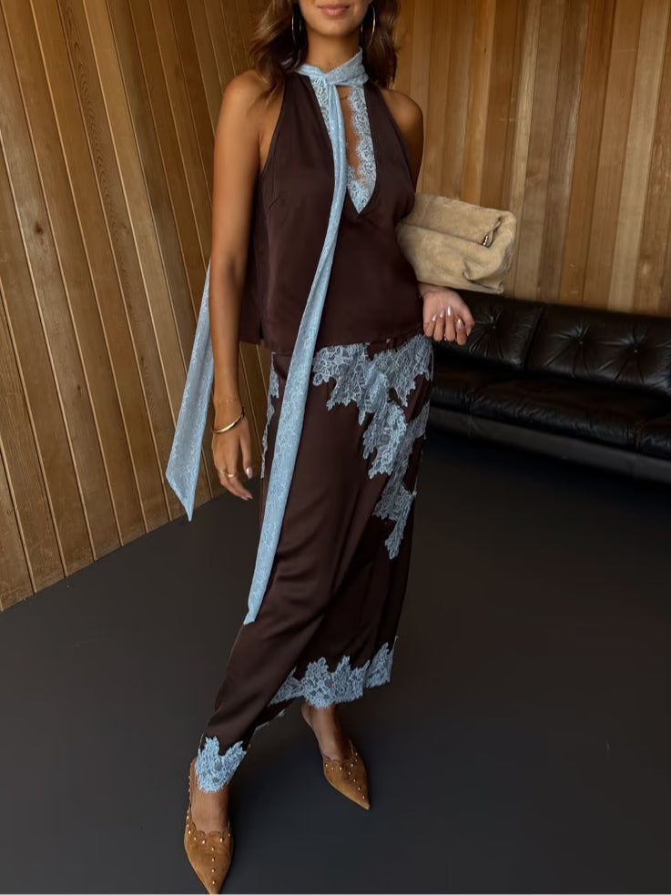 Avalon Lace Panel Top and Skirt Suit Set