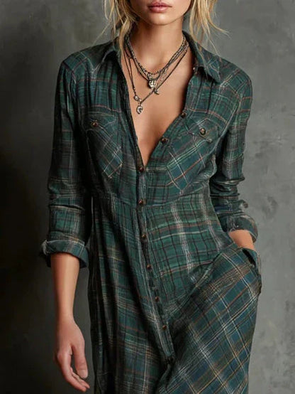 Livia™ | Long Dress with a Shirt Collar in Green Check