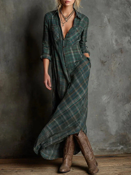 Livia™ | Long Dress with a Shirt Collar in Green Check