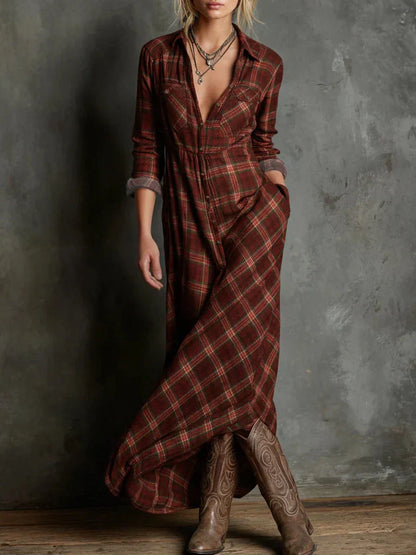 Livia™ | Long Dress with a Shirt Collar in Green Check
