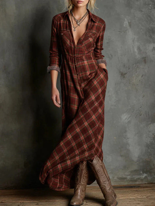 Livia™ | Long Dress with a Shirt Collar in Green Check