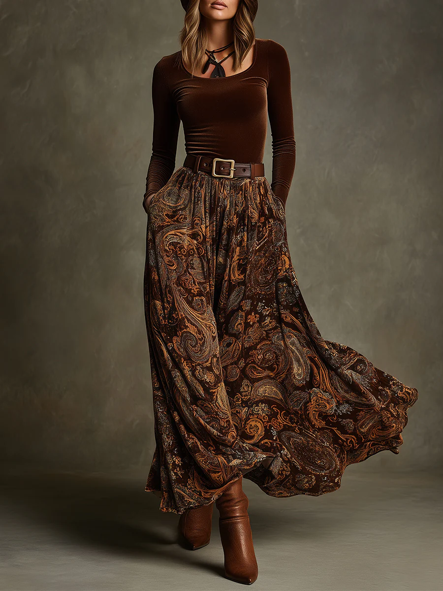 Penelope Velvet Top and Paisley Maxi Skirt Set