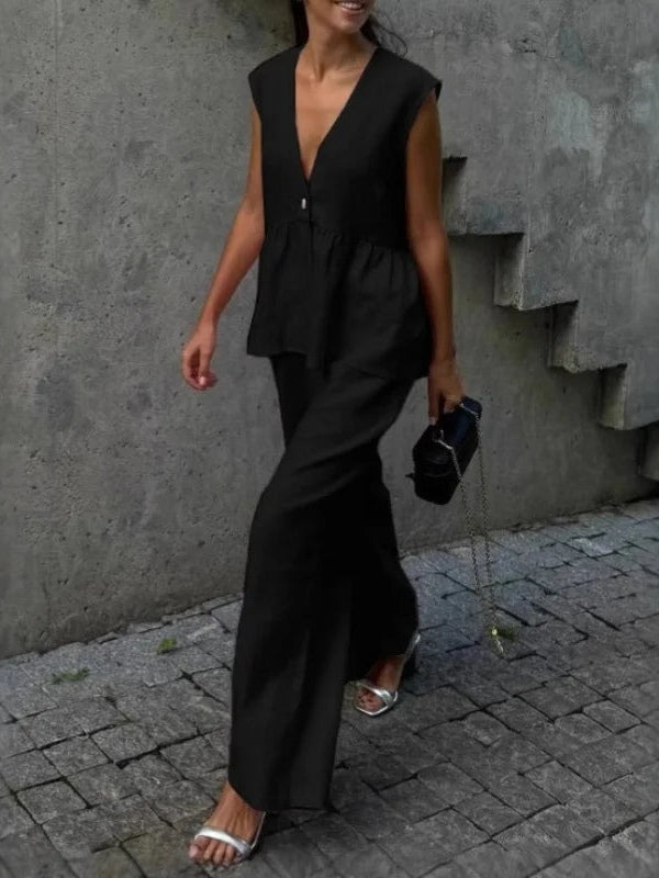 Anna V-Neck Ruffled Two-Piece Suit