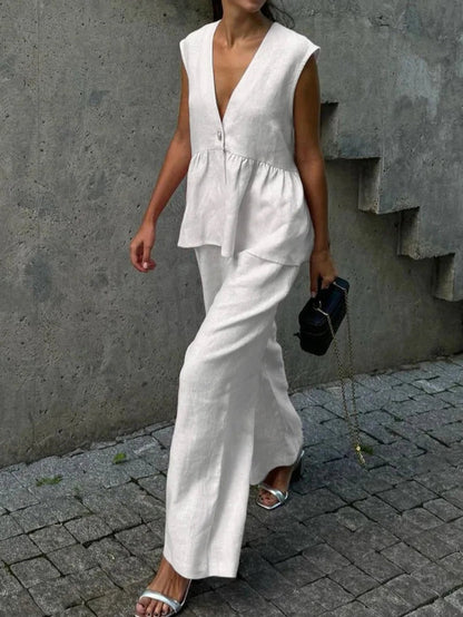 Anna V-Neck Ruffled Two-Piece Suit