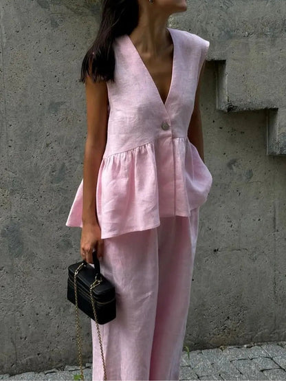 Anna V-Neck Ruffled Two-Piece Suit