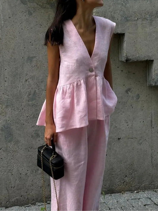 Anna V-Neck Ruffled Two-Piece Suit