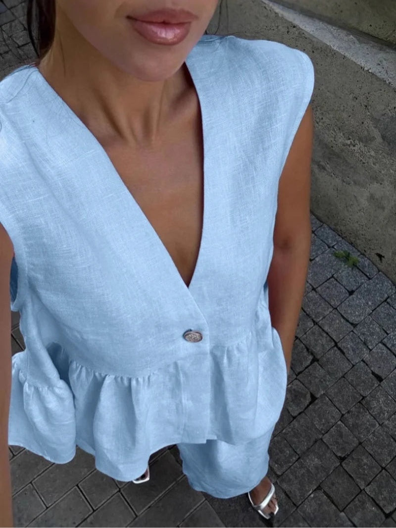 Anna V-Neck Ruffled Two-Piece Suit