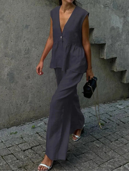 Anna V-Neck Ruffled Two-Piece Suit