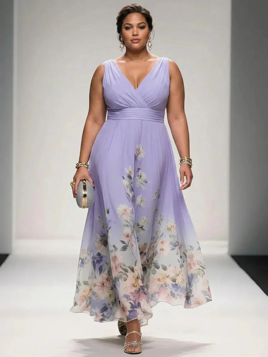 Rose | Light Blue Floral Chiffon V-Neck Maxi Dress