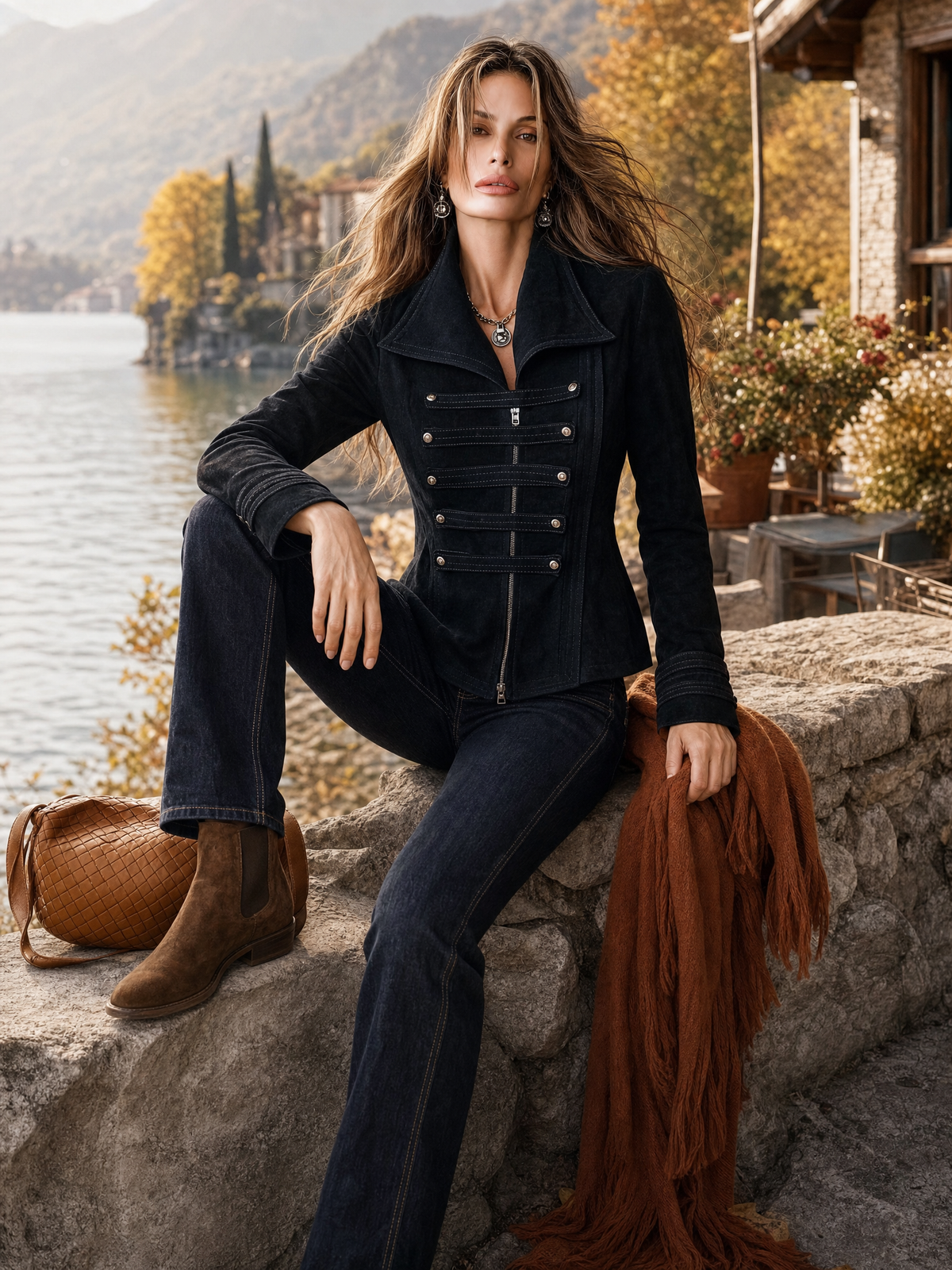 Women's Military-Style Black Faux Suede Zip-Front Napoleon Jacket