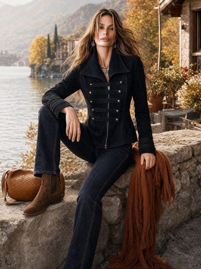 Women's Military-Style Black Faux Suede Zip-Front Napoleon Jacket