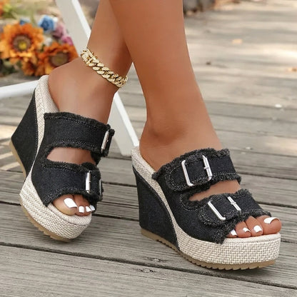 Elara Denim Wedge Sandals
