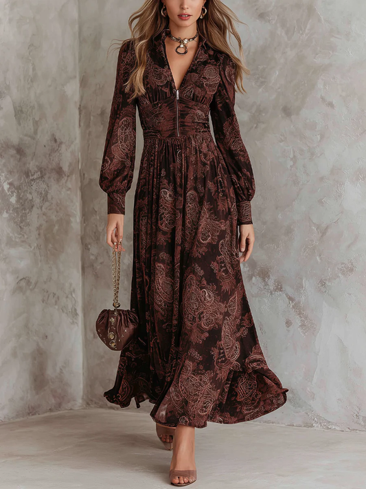 Lauren | High-Waist Paisley Maxi Dress with Zip