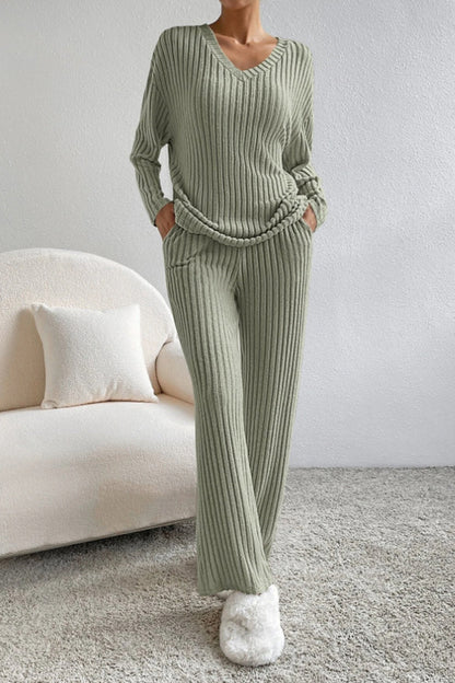 Lyra Ribbed V-Neck Top and Pants Set
