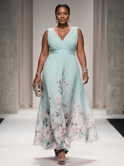 Rose | Light Blue Floral Chiffon V-Neck Maxi Dress