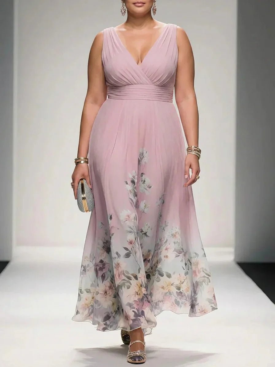 Rose | Light Blue Floral Chiffon V-Neck Maxi Dress