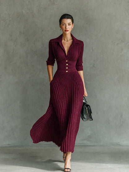 Evelyn | Pleated High-Waist Maxi Dress with Lapels
