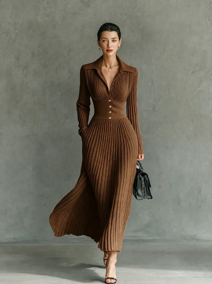 Evelyn | Pleated High-Waist Maxi Dress with Lapels
