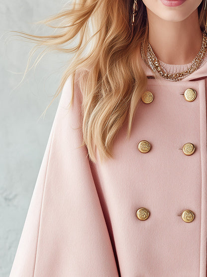 Women's Elegant Pink Double-Breasted Wool-Blend Cape Coat