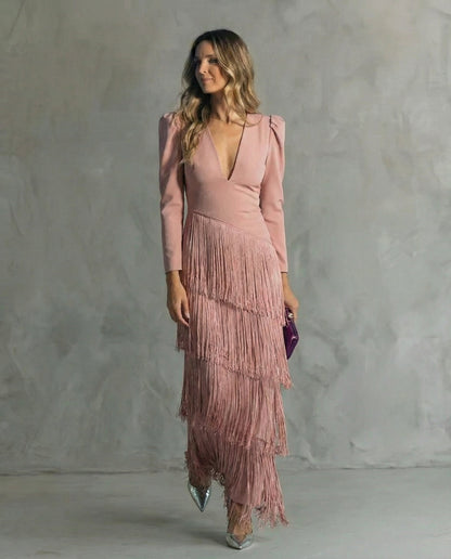 Elara™ | Elegant midi dress with fringe sleeves