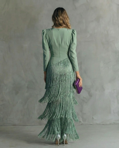 Elara™ | Elegant midi dress with fringe sleeves