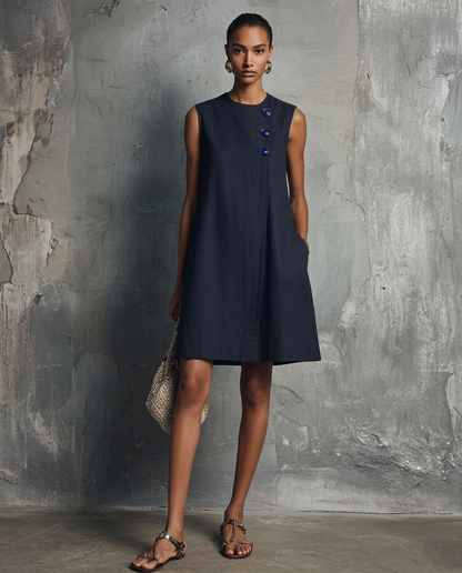AUBREY | Round Neck Mini Dress with Asymmetric Buttons