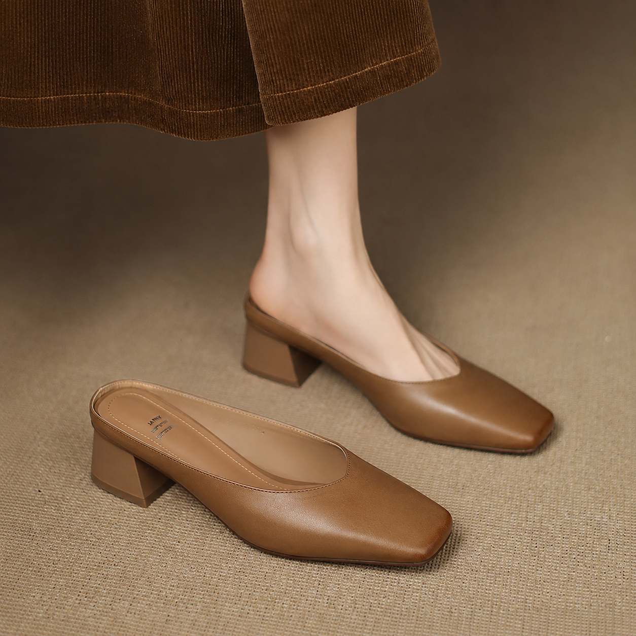 Velen Genuine Leather Square Toe Mule Heels