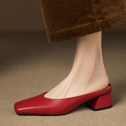 Velen Genuine Leather Square Toe Mule Heels