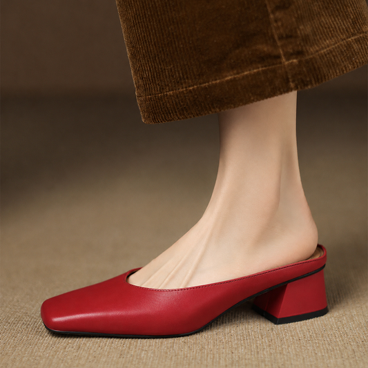 Velen Genuine Leather Square Toe Mule Heels