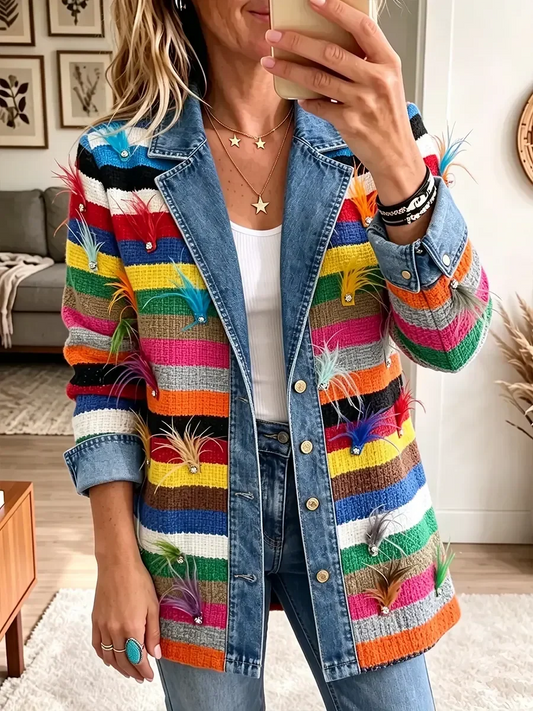 Mia | Vintage Elegant Denim Feather Print Jacket