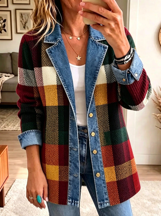 Isabella | Autumn Color Block Plaid Denim Jacket